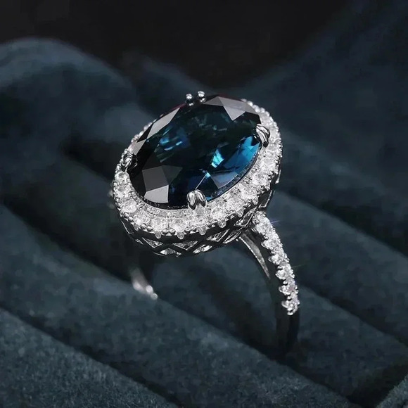 ▶Noble Hollow Anillos Super Large Oval Pure Royal Blue CZ Silver Ring, L263 - Picture 6 of 7